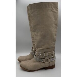 Not Rated Women's Studded Knee High Boots Beige Suede Size 8 Buckle